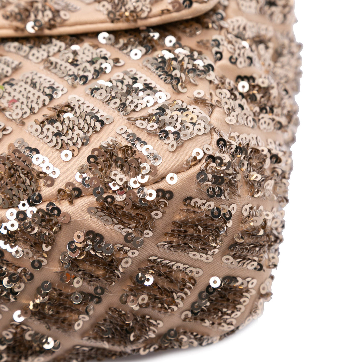 Chanel CC Quilted Sequin Embellished Satin Flap — Beige