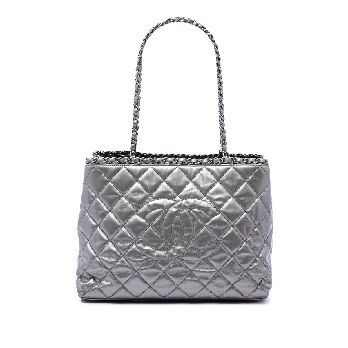 Chanel Small Quilted Metallic Aged Calfskin Chain Me Tote — Silver
