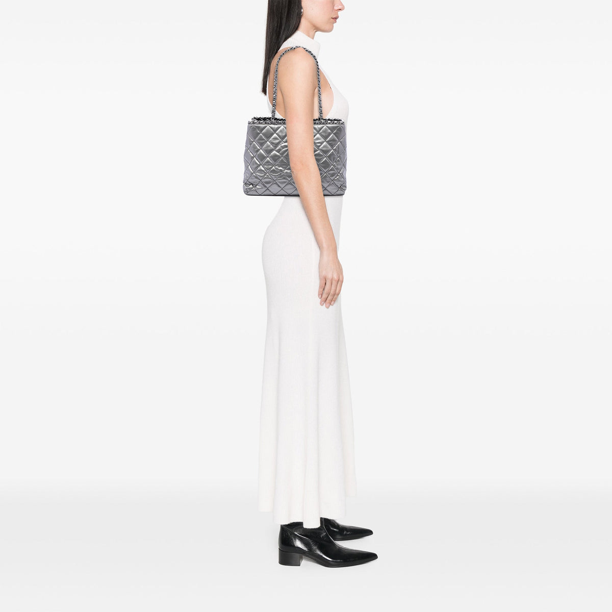 Chanel Small Quilted Metallic Aged Calfskin Chain Me Tote — Silver