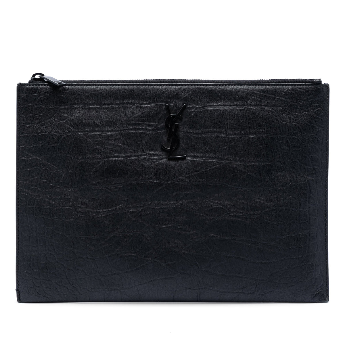 Saint Laurent Croc Embossed Leather Monogram Document Holder