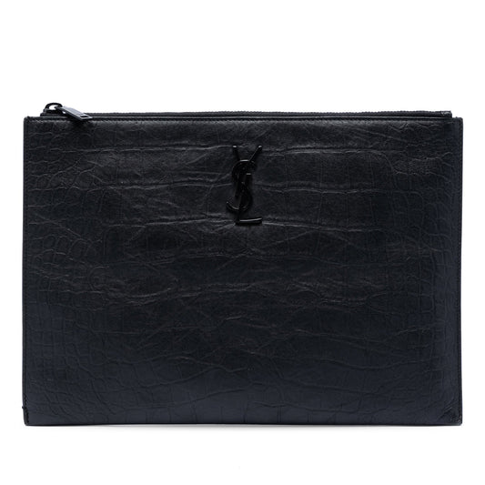Saint Laurent Croc Embossed Leather Monogram Document Holder