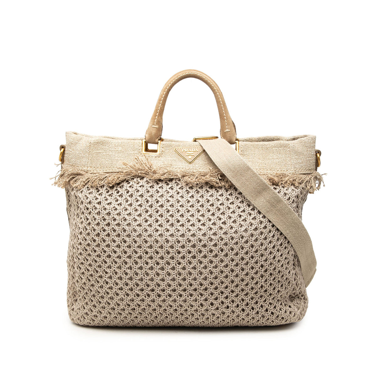 Prada Raffia Crochet and Linen Fringe Shopping Tote — Beige