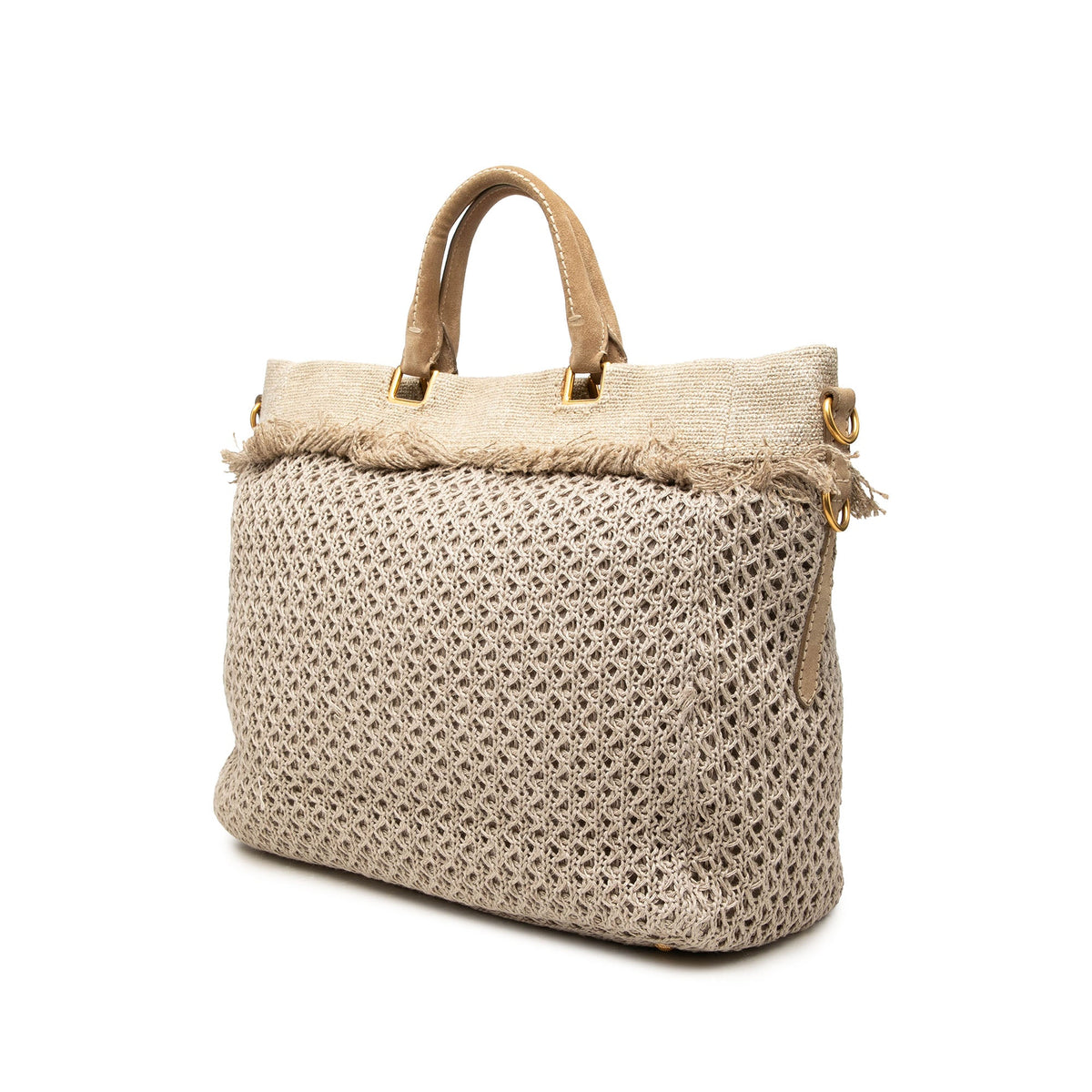 Prada Raffia Crochet and Linen Fringe Shopping Tote — Beige