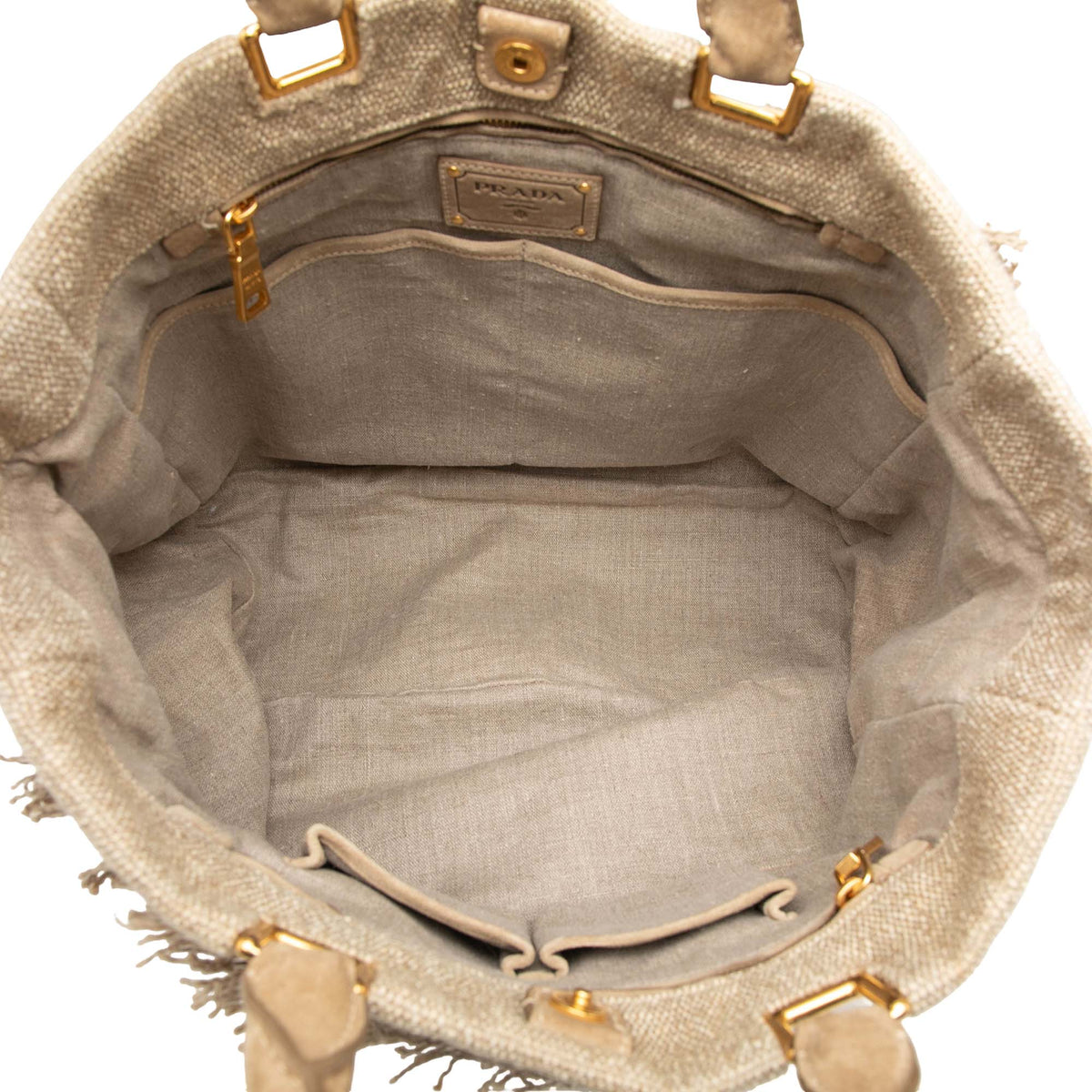 Prada Raffia Crochet and Linen Fringe Shopping Tote — Beige