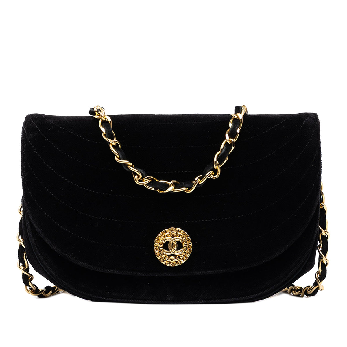 Chanel CC Horizontal Quilted Velvet Crescent Flap — Black