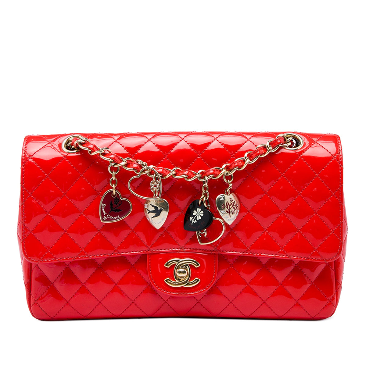Chanel Medium Classic Patent Valentines Heart Charms Single Flap — Red