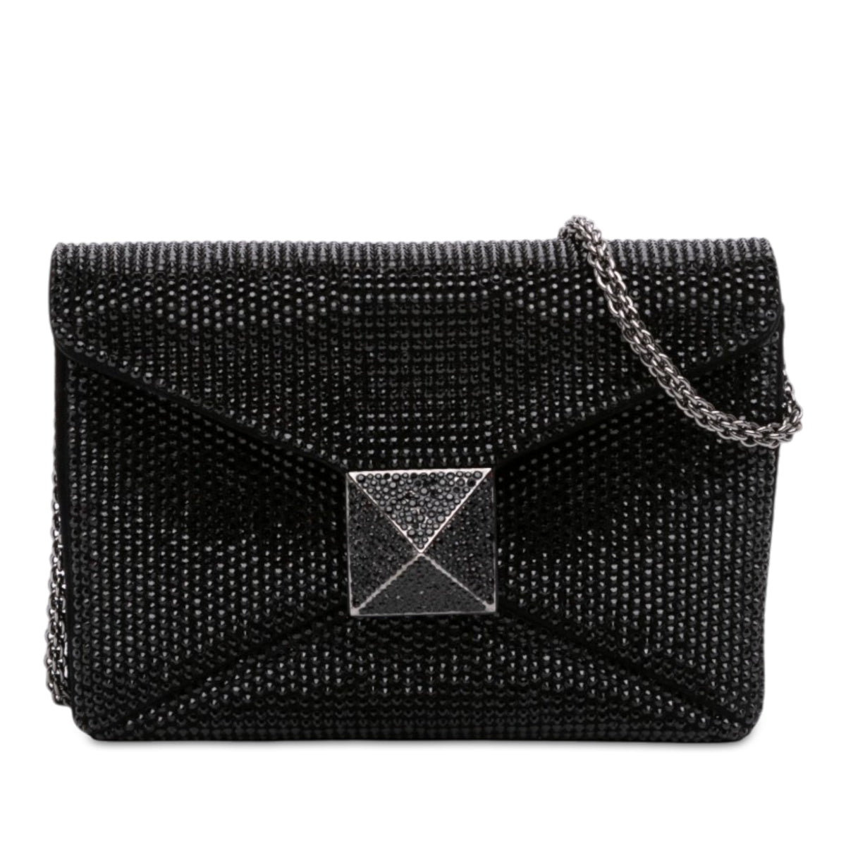 Valentino Small Crystal Embellished Suede One Stud Clutch with Chain