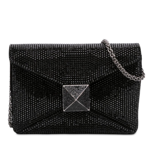 Valentino Small Crystal Embellished Suede One Stud Clutch with Chain