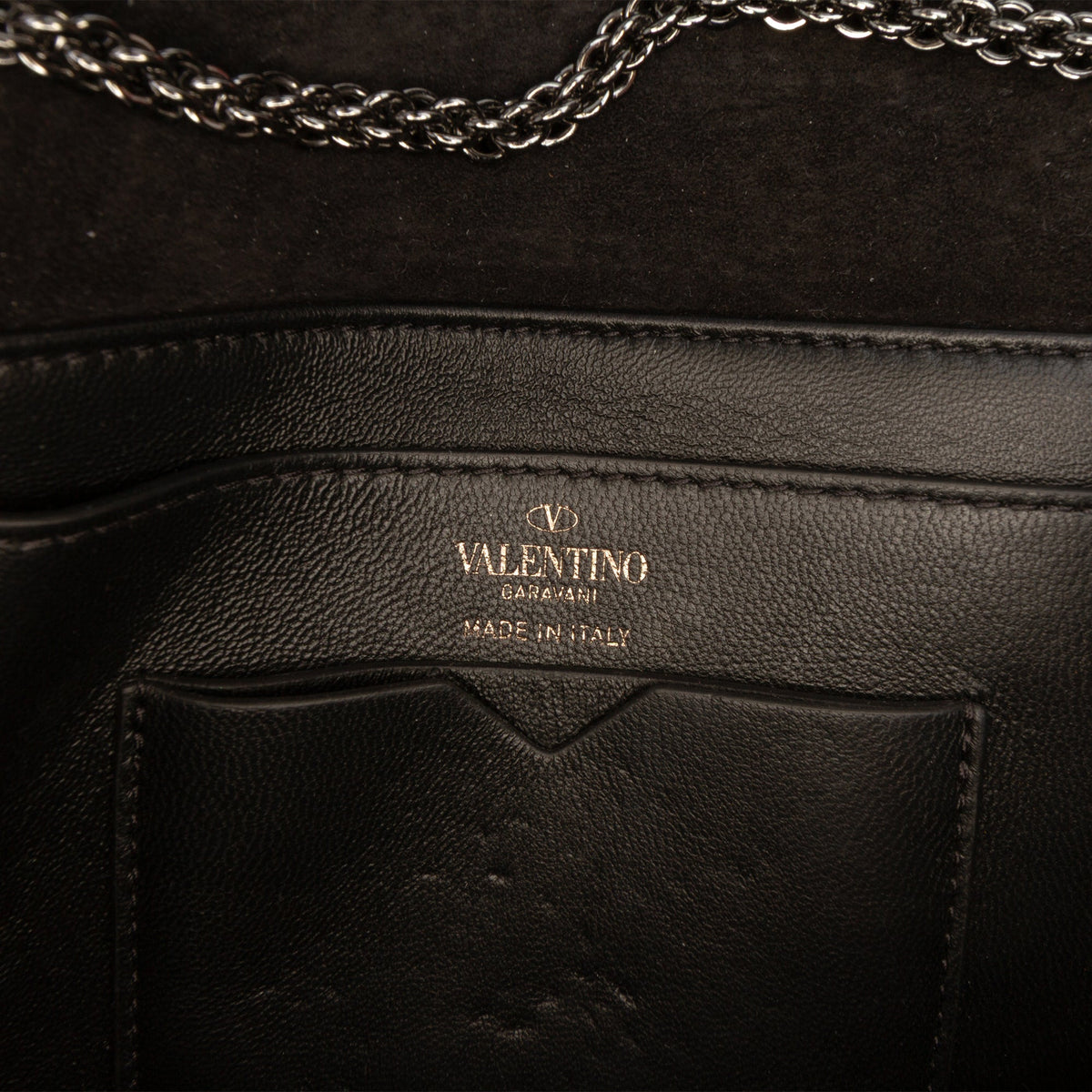 Valentino Small Crystal Embellished Suede One Stud Clutch with Chain