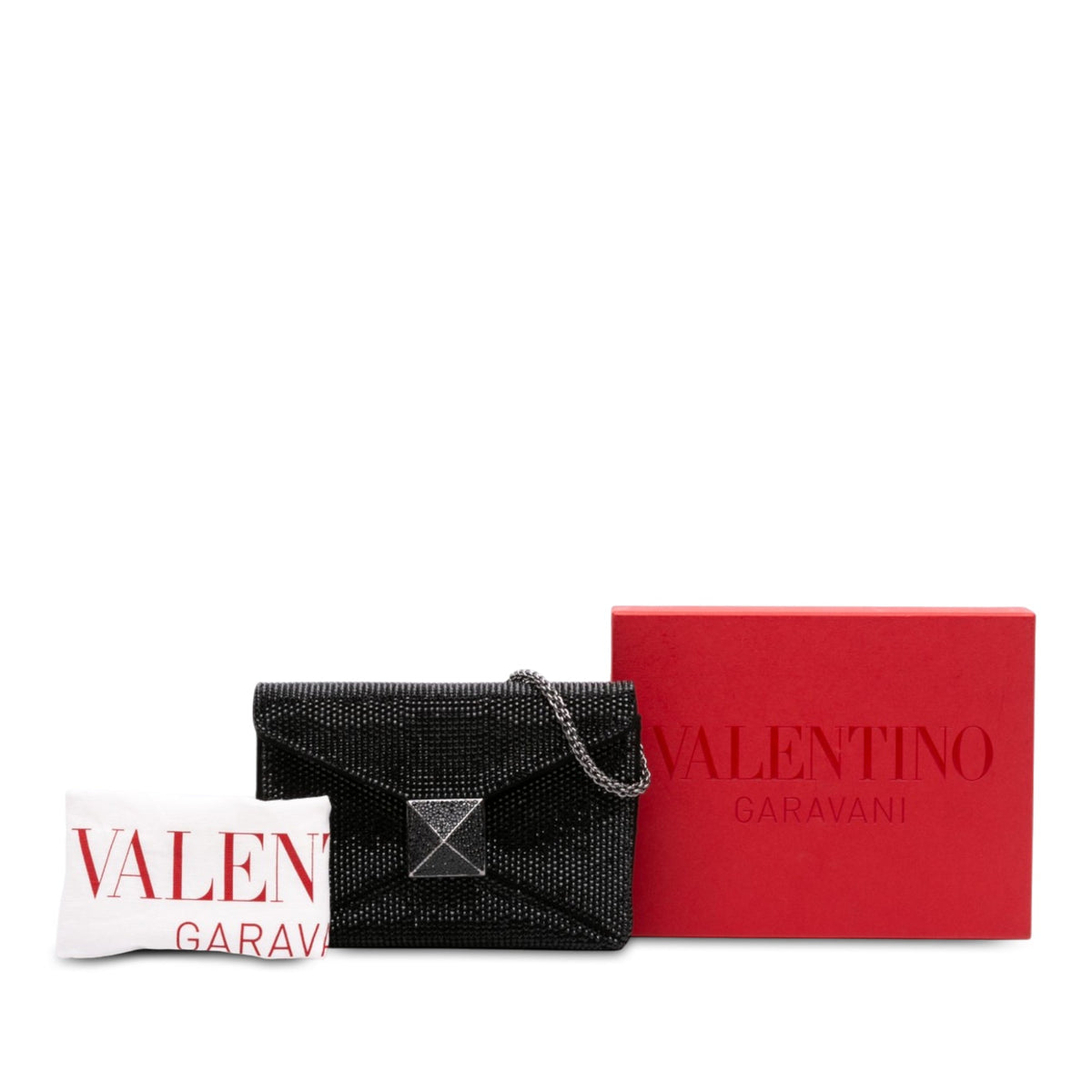 Valentino Small Crystal Embellished Suede One Stud Clutch with Chain