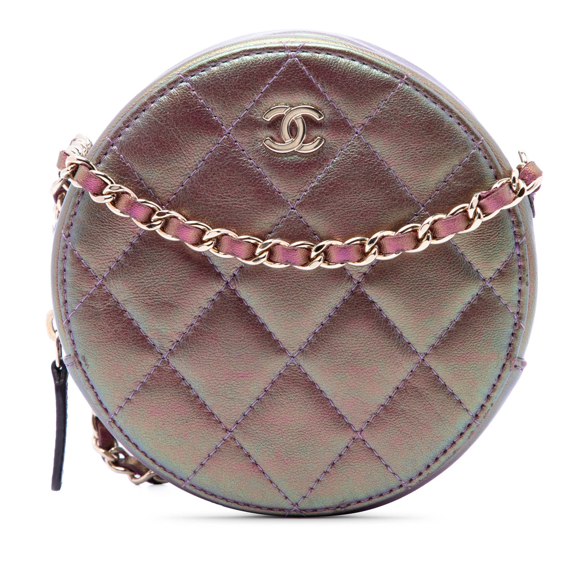 Chanel Quilted Iridescent Lambskin Round Clutch With Chain