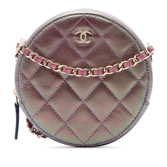 Chanel Quilted Iridescent Lambskin Round Clutch With Chain