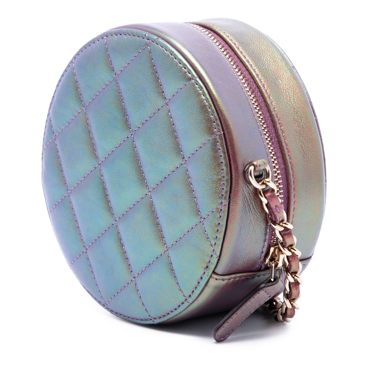 Chanel Quilted Iridescent Lambskin Round Clutch With Chain