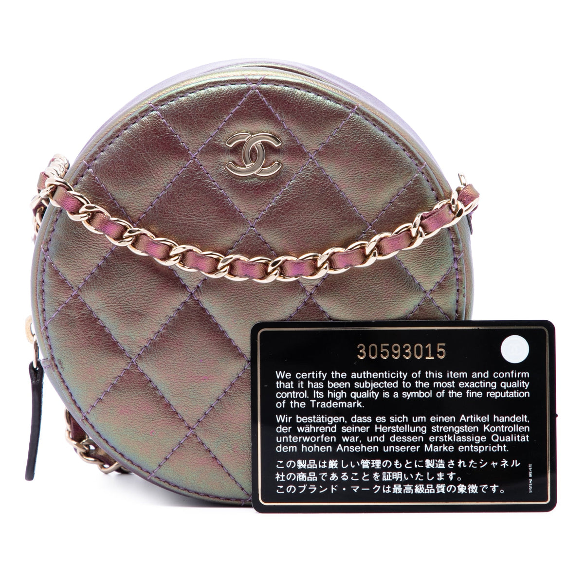 Chanel Quilted Iridescent Lambskin Round Clutch With Chain