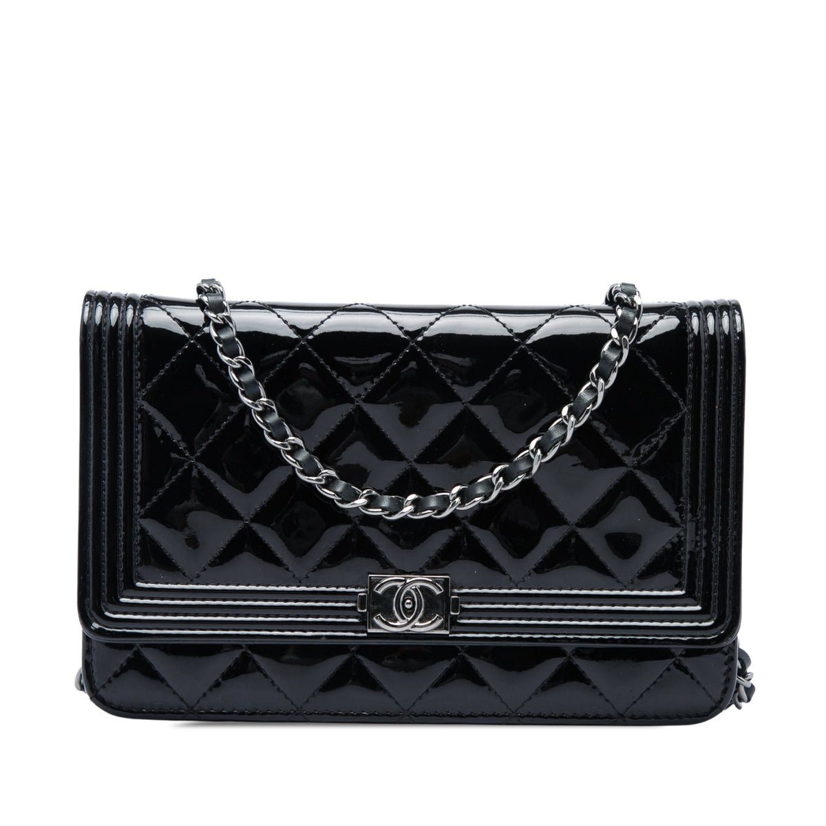 Chanel Quilted Patent Boy Wallet on Chain — Black