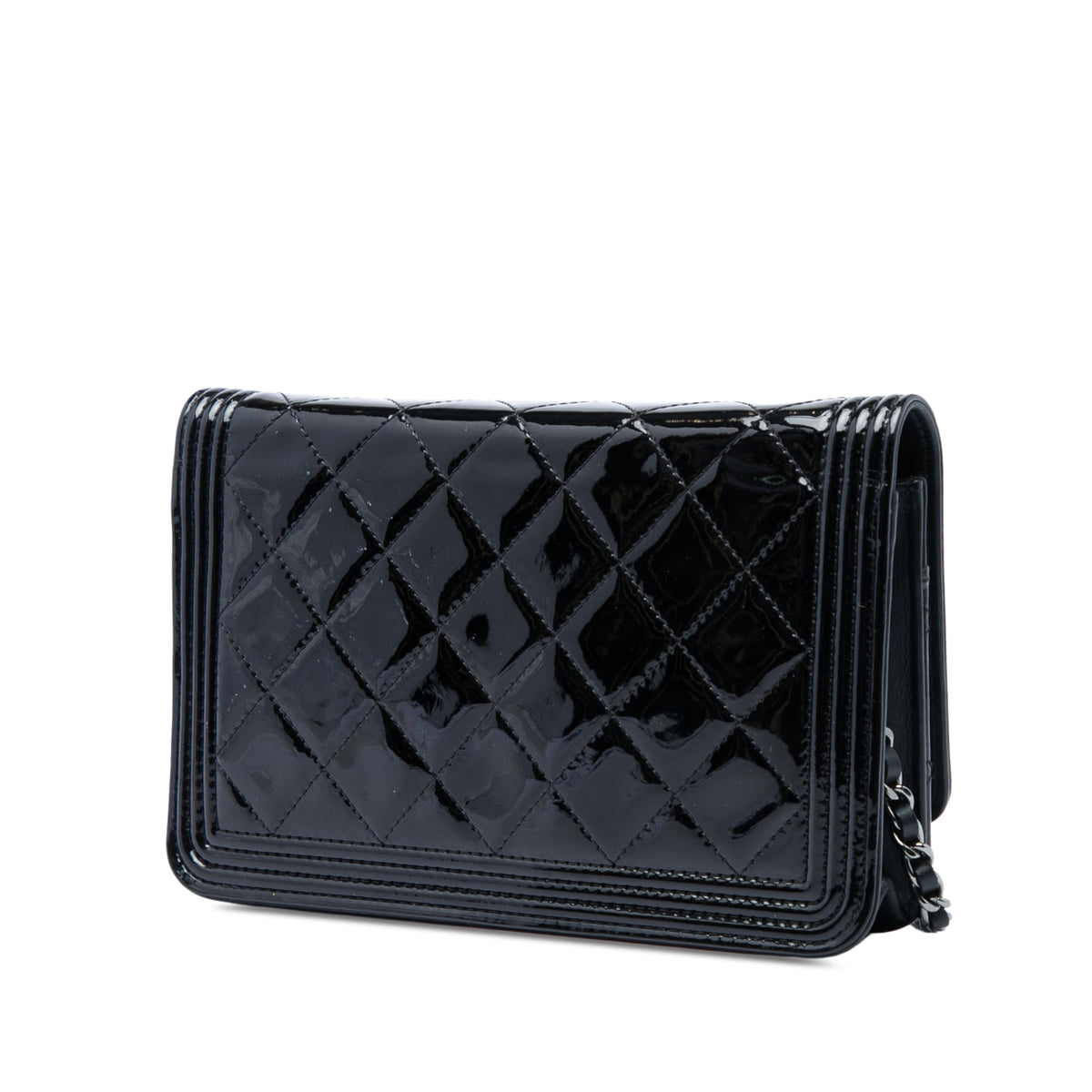 Chanel Quilted Patent Boy Wallet on Chain — Black