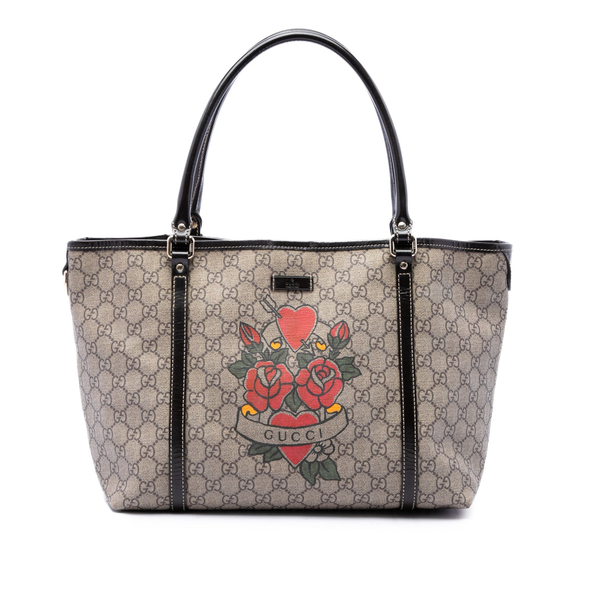 Gucci Medium GG Supreme Tattoo Heart Joy Tote — Beige