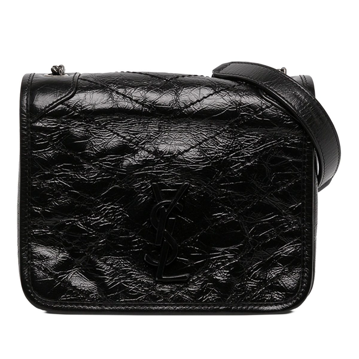 Saint Laurent Crinkled Calfskin Niki Wallet on Chain — Black