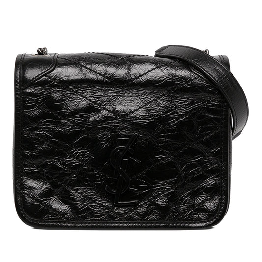 Saint Laurent Crinkled Calfskin Niki Wallet on Chain — Black