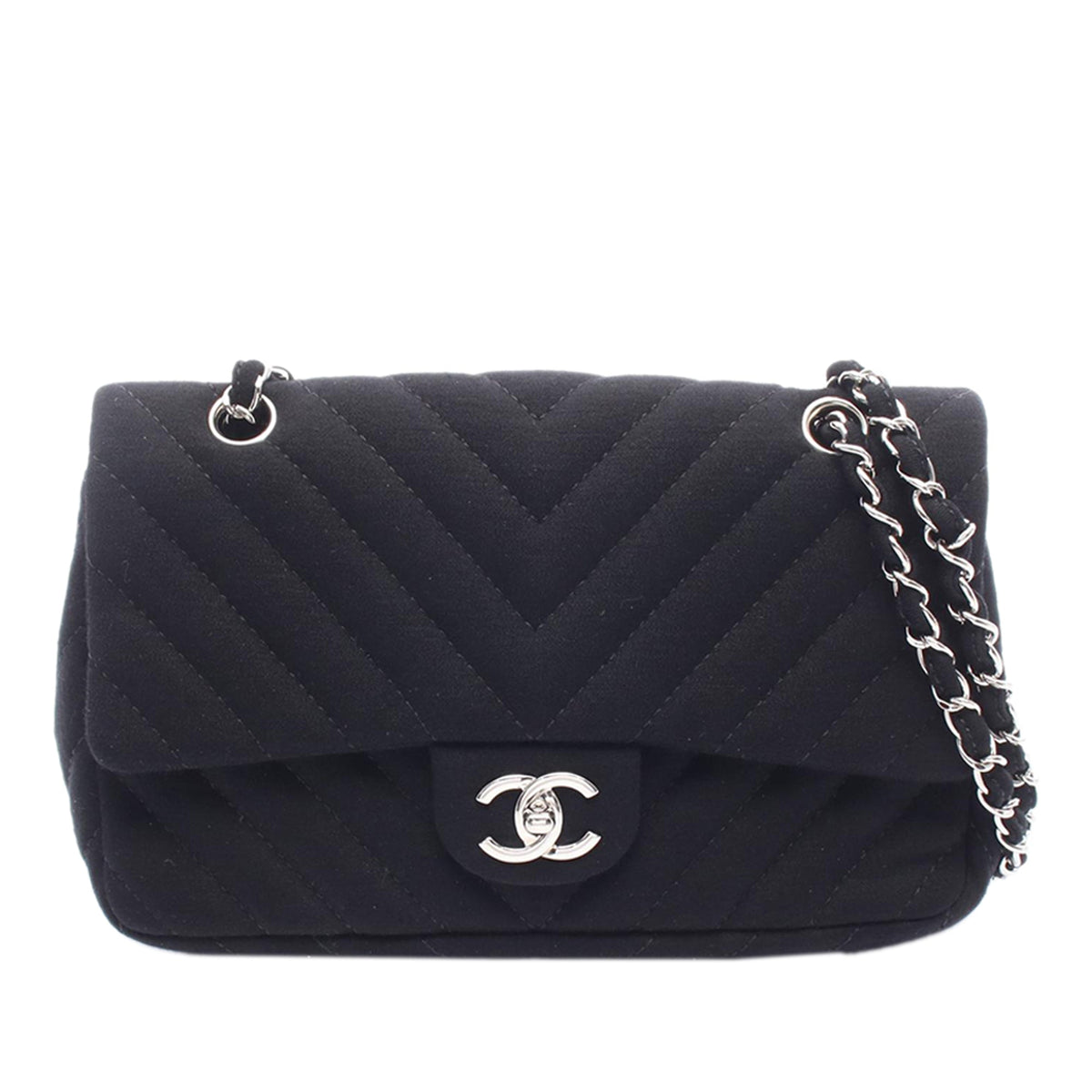 Chanel Medium Chevron Quilted Jersey Single Flap — Black
