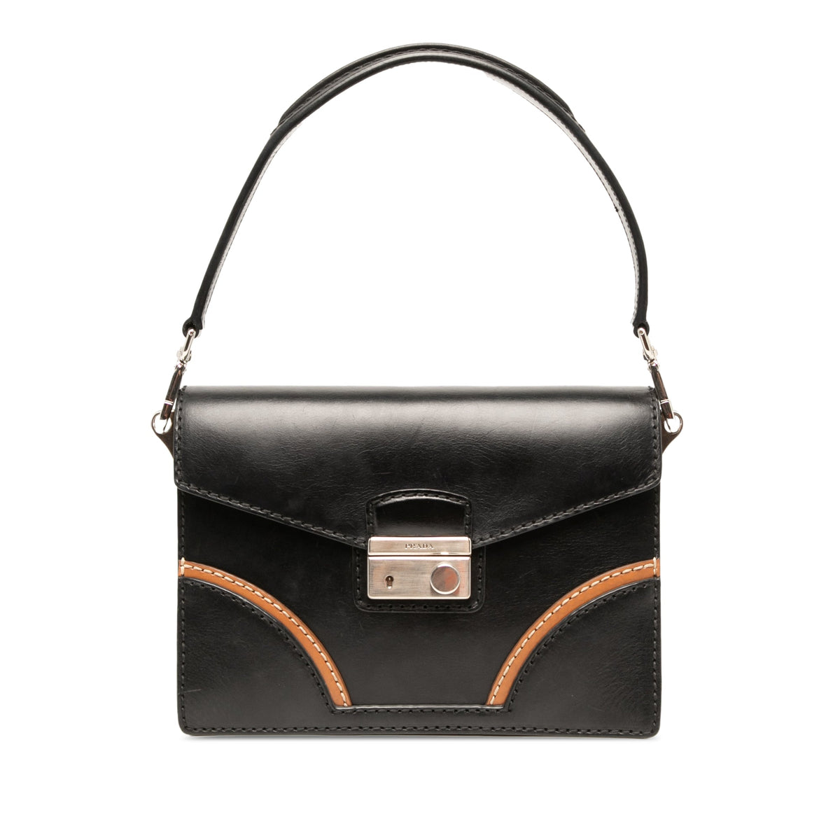 Prada Vitello Stitched Sound Lock Satchel — Black