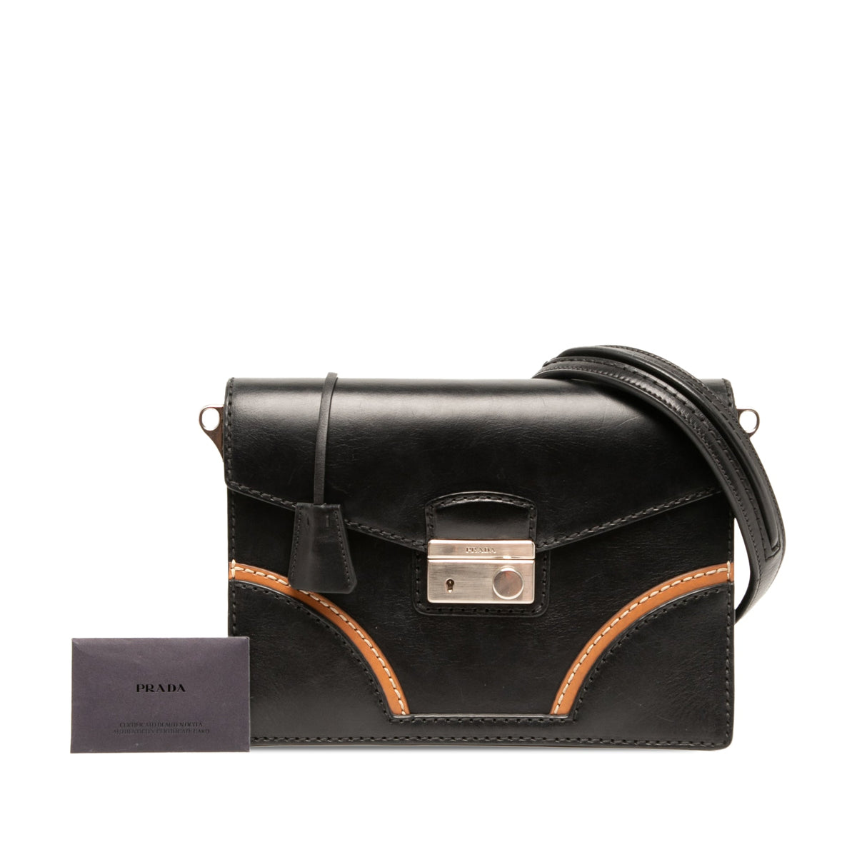 Prada Vitello Stitched Sound Lock Satchel — Black