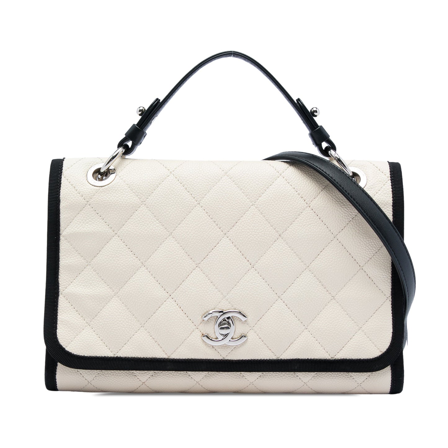 Chanel CC Bicolor Quilted Caviar and Grosgrain Top Handle Flap