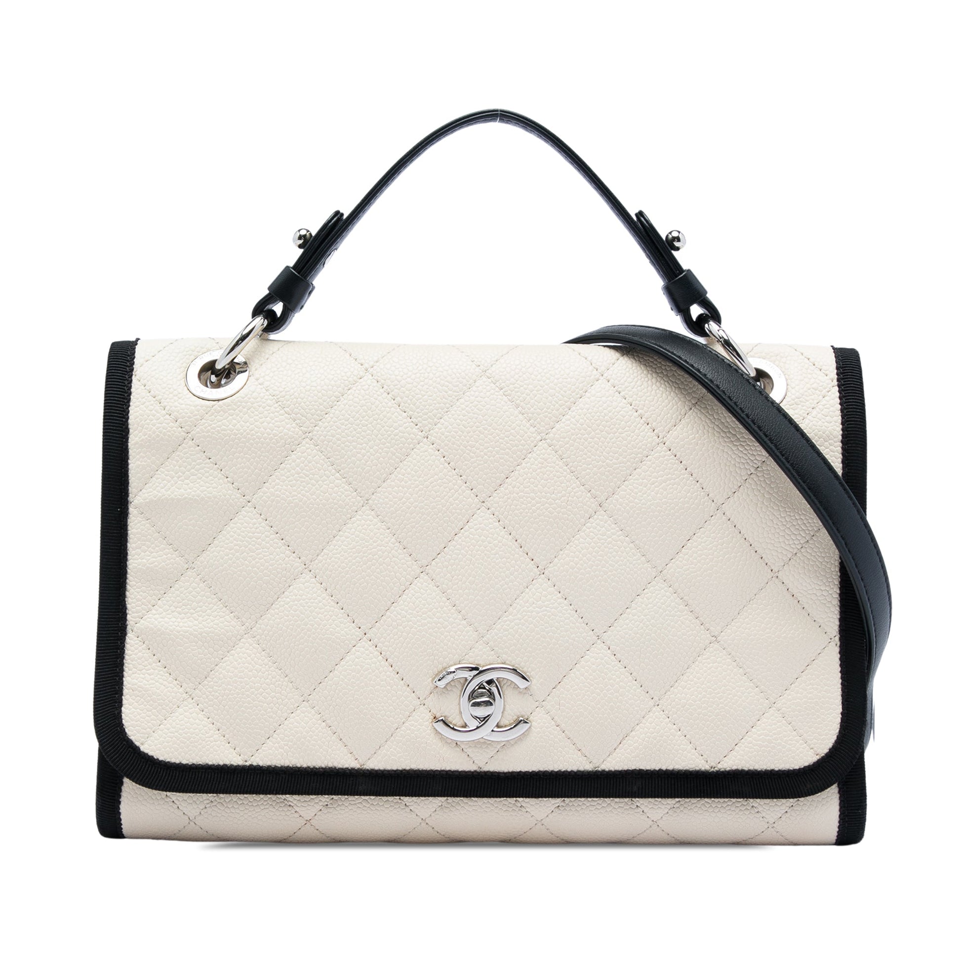Chanel CC Bicolor Quilted Caviar and Grosgrain Top Handle Flap