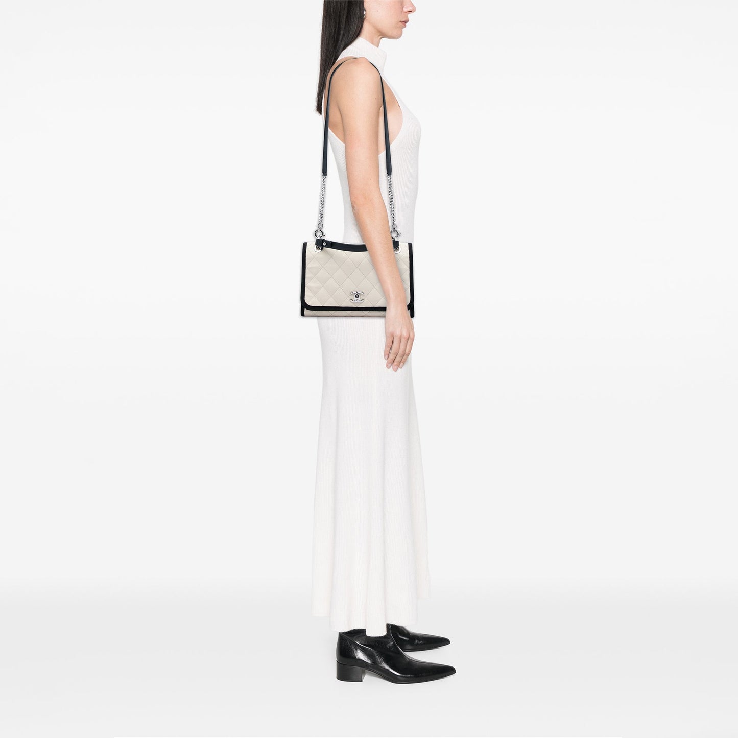 Chanel CC Bicolor Quilted Caviar and Grosgrain Top Handle Flap