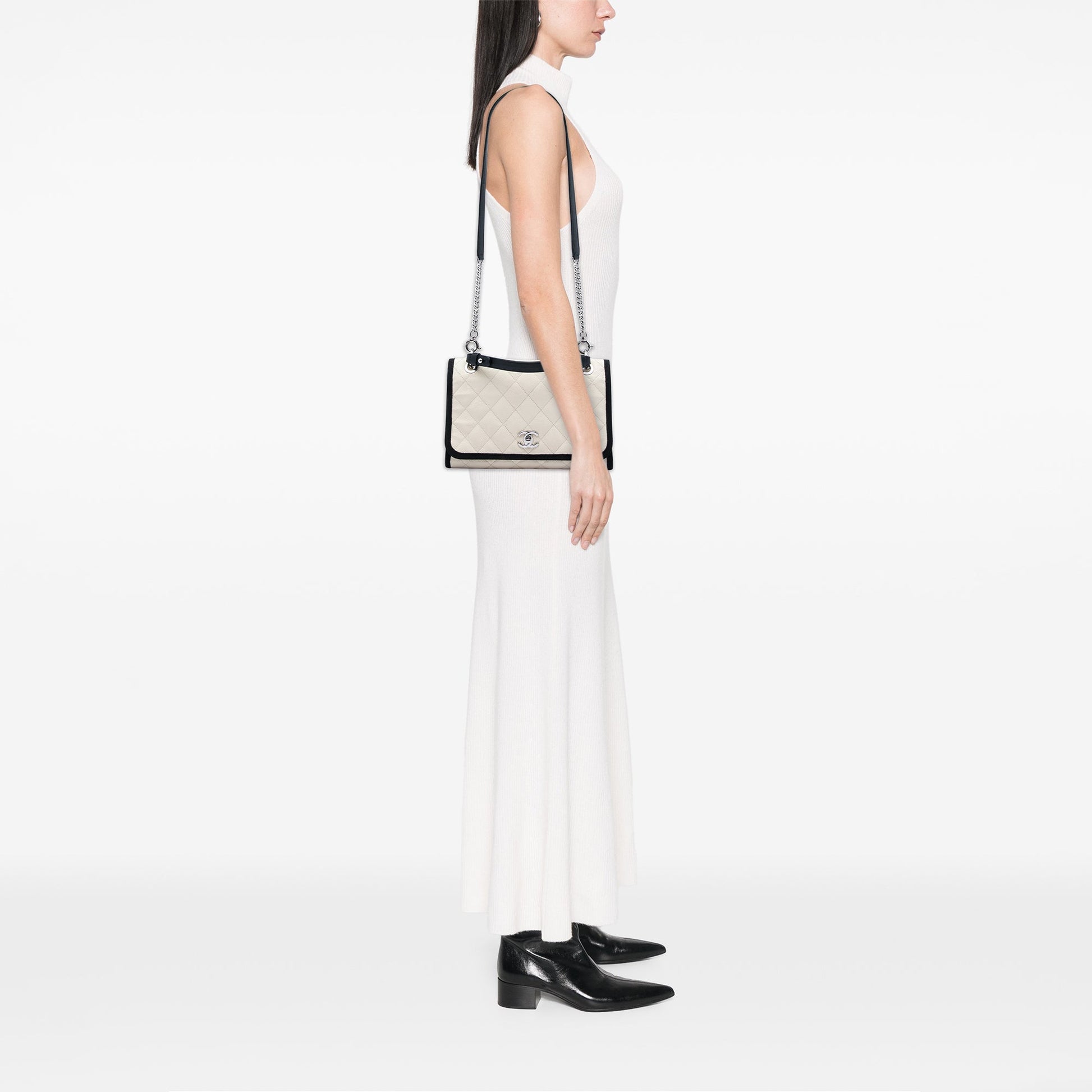 Chanel CC Bicolor Quilted Caviar and Grosgrain Top Handle Flap