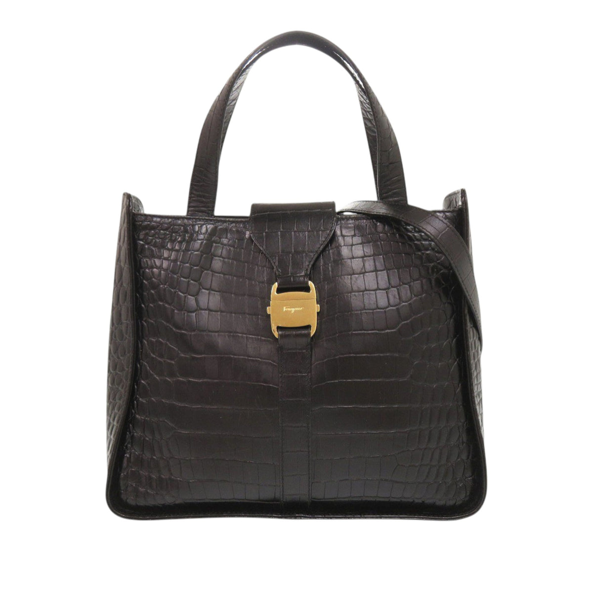Ferragamo Croc Embossed Leather Vara Satchel