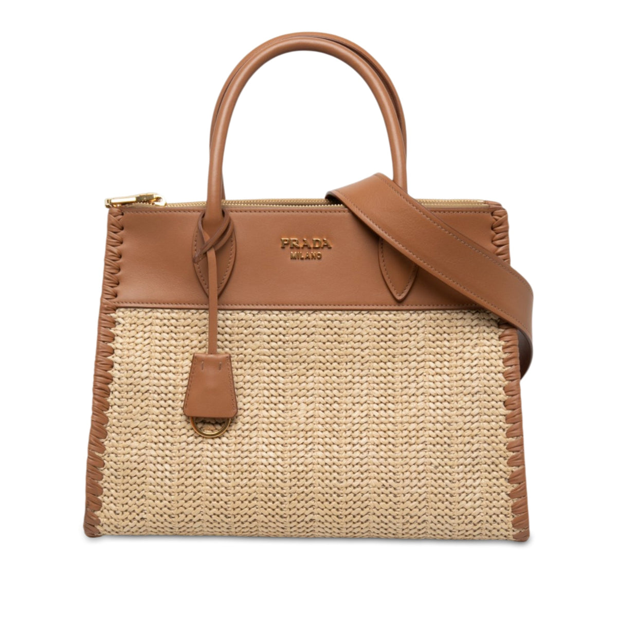 Prada Raffia and City Calf Whipstitch Paradigme Satchel — Beige