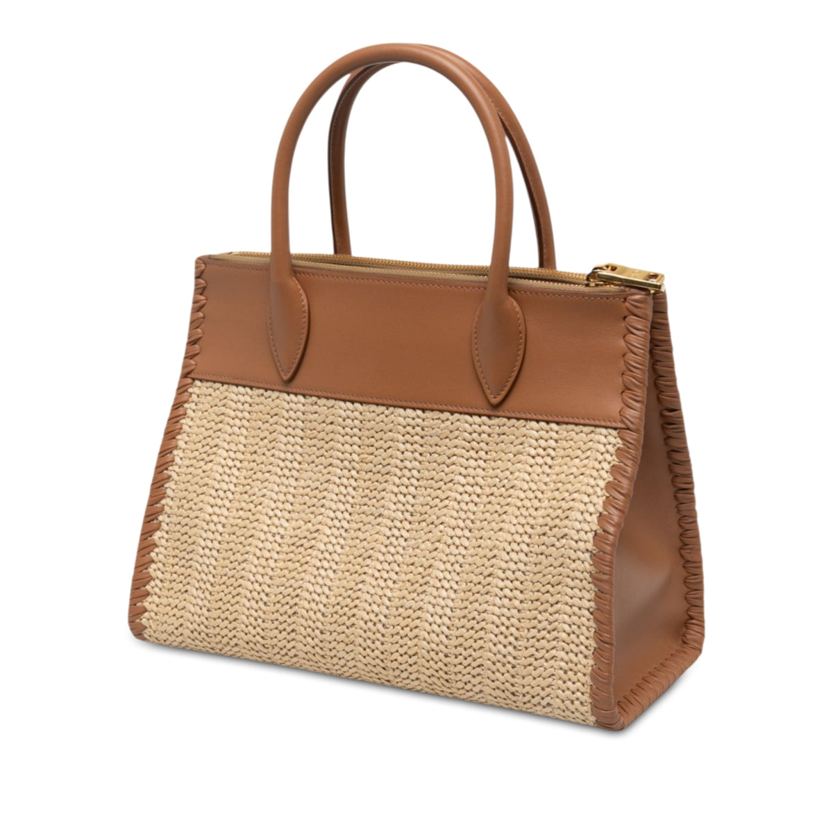 Prada Raffia and City Calf Whipstitch Paradigme Satchel — Beige