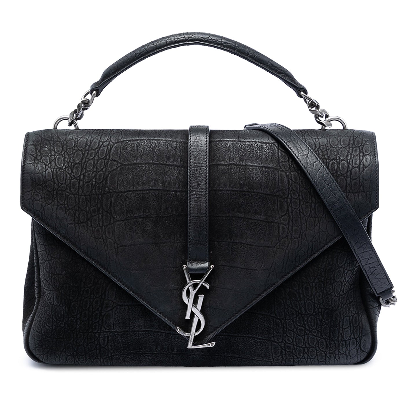 Saint Laurent Large Croc Embossed Nubuck Monogram College Satchel