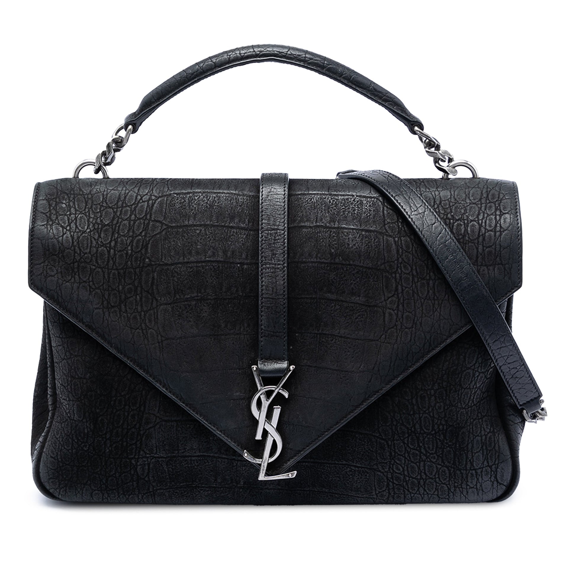 Saint Laurent Large Croc Embossed Nubuck Monogram College Satchel