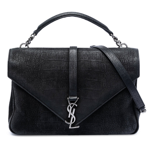Saint Laurent Large Croc Embossed Nubuck Monogram College Satchel