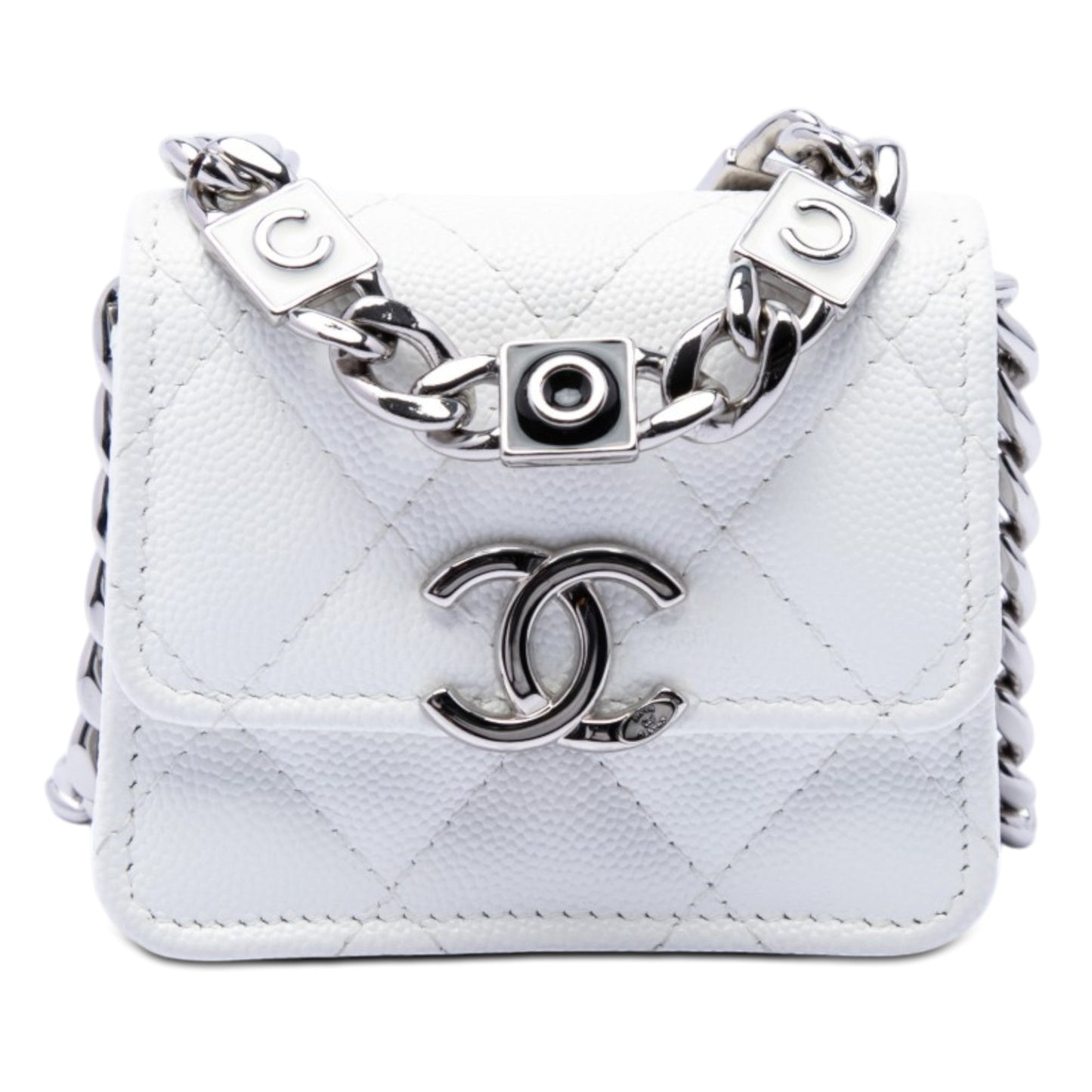 Chanel Mini Quilted Caviar Coco Enamel Strap Flap Clutch with Chain