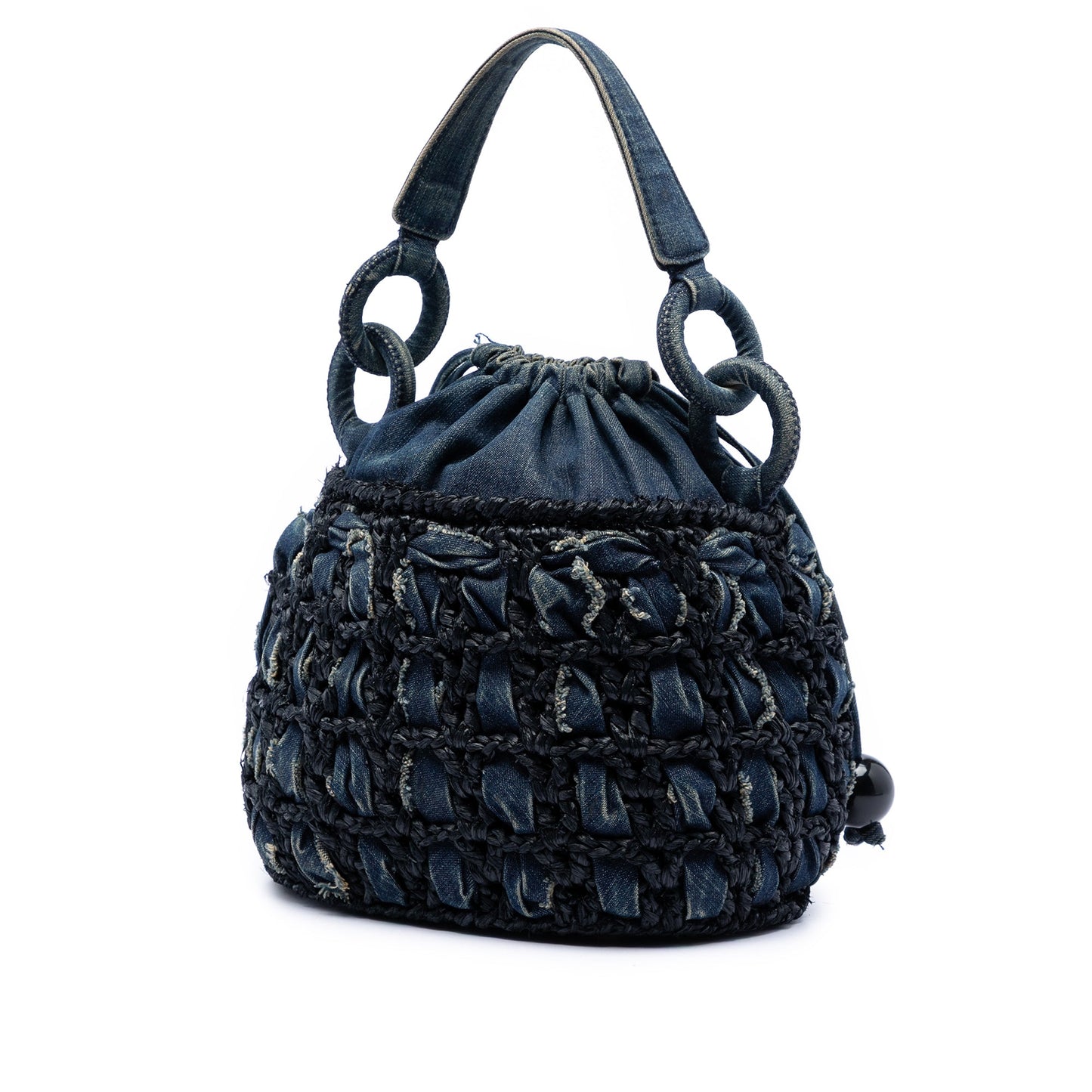 Chanel CC Woven Denim and Raffia Drawstring Bucket Bag