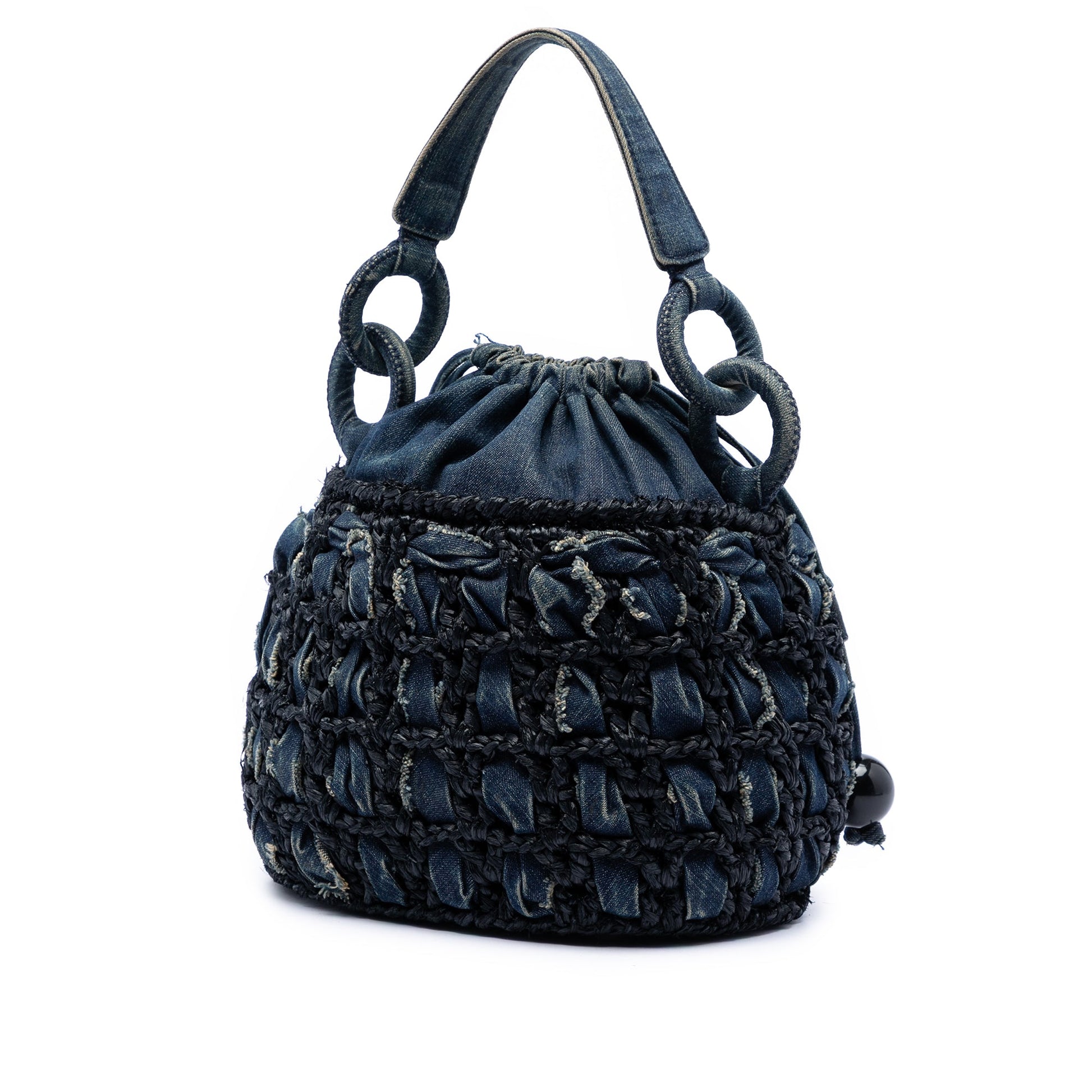 Chanel CC Woven Denim and Raffia Drawstring Bucket Bag