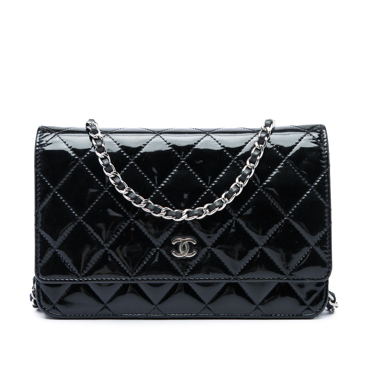 Chanel CC Quilted Patent Wallet On Chain — Black