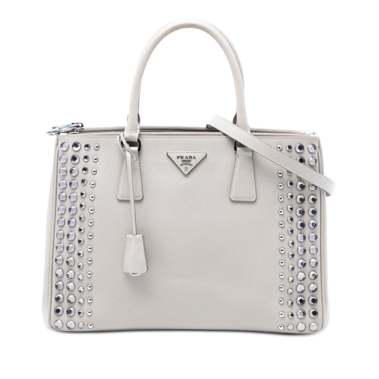 Prada Medium Saffiano Lux Studded Crystal Galleria Double Zip Satchel
