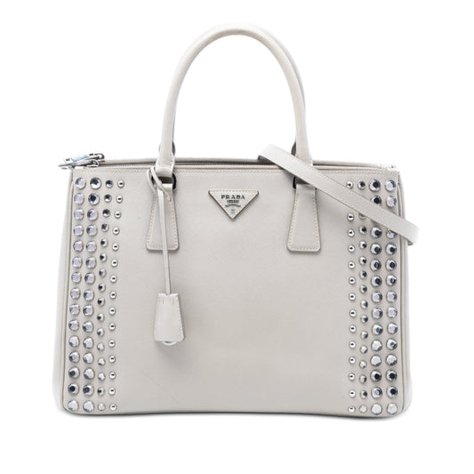 Prada Medium Saffiano Lux Studded Crystal Galleria Double Zip Satchel