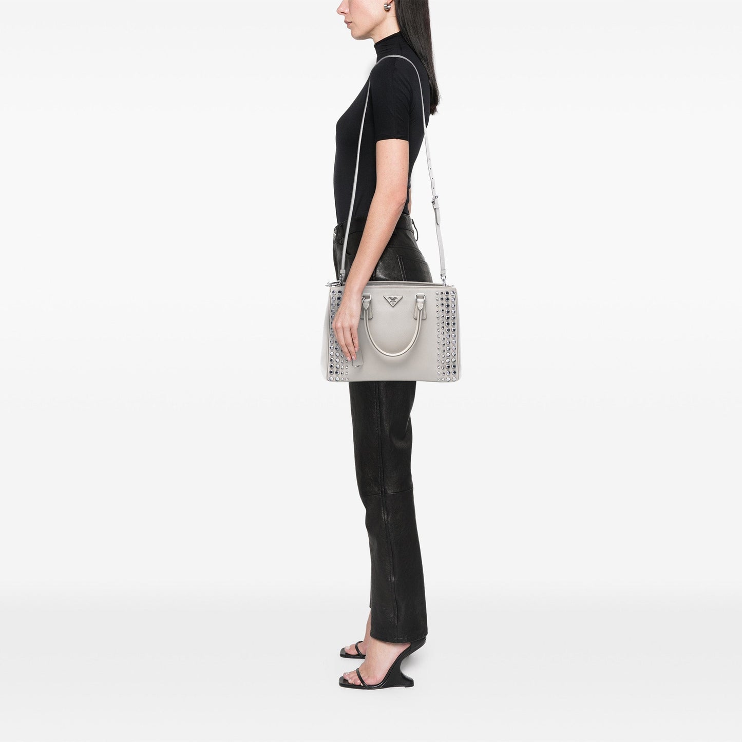 Prada Medium Saffiano Lux Studded Crystal Galleria Double Zip Satchel