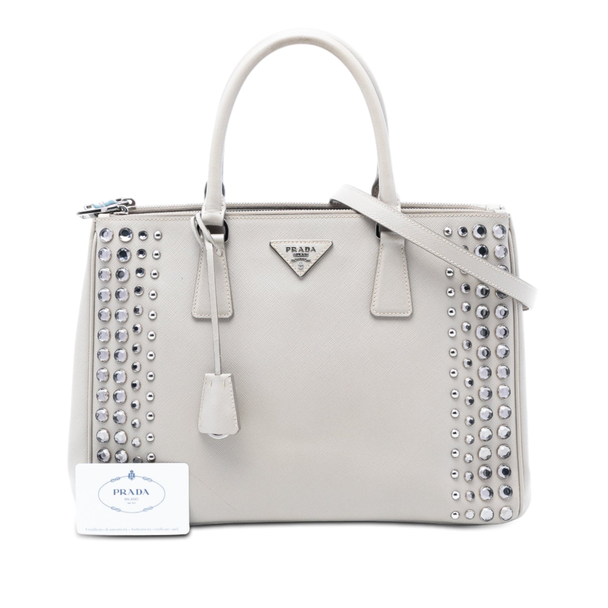 Prada Medium Saffiano Lux Studded Crystal Galleria Double Zip Satchel
