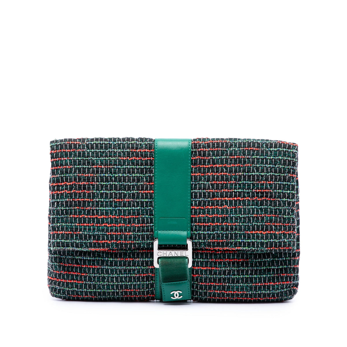 Chanel Quilted Tweed Grip Clutch — Green