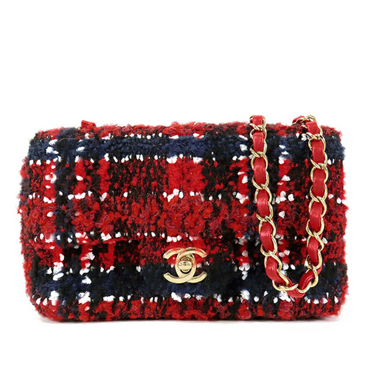 Chanel Mini Rectangular Classic Tweed Plaid Single Flap — Red