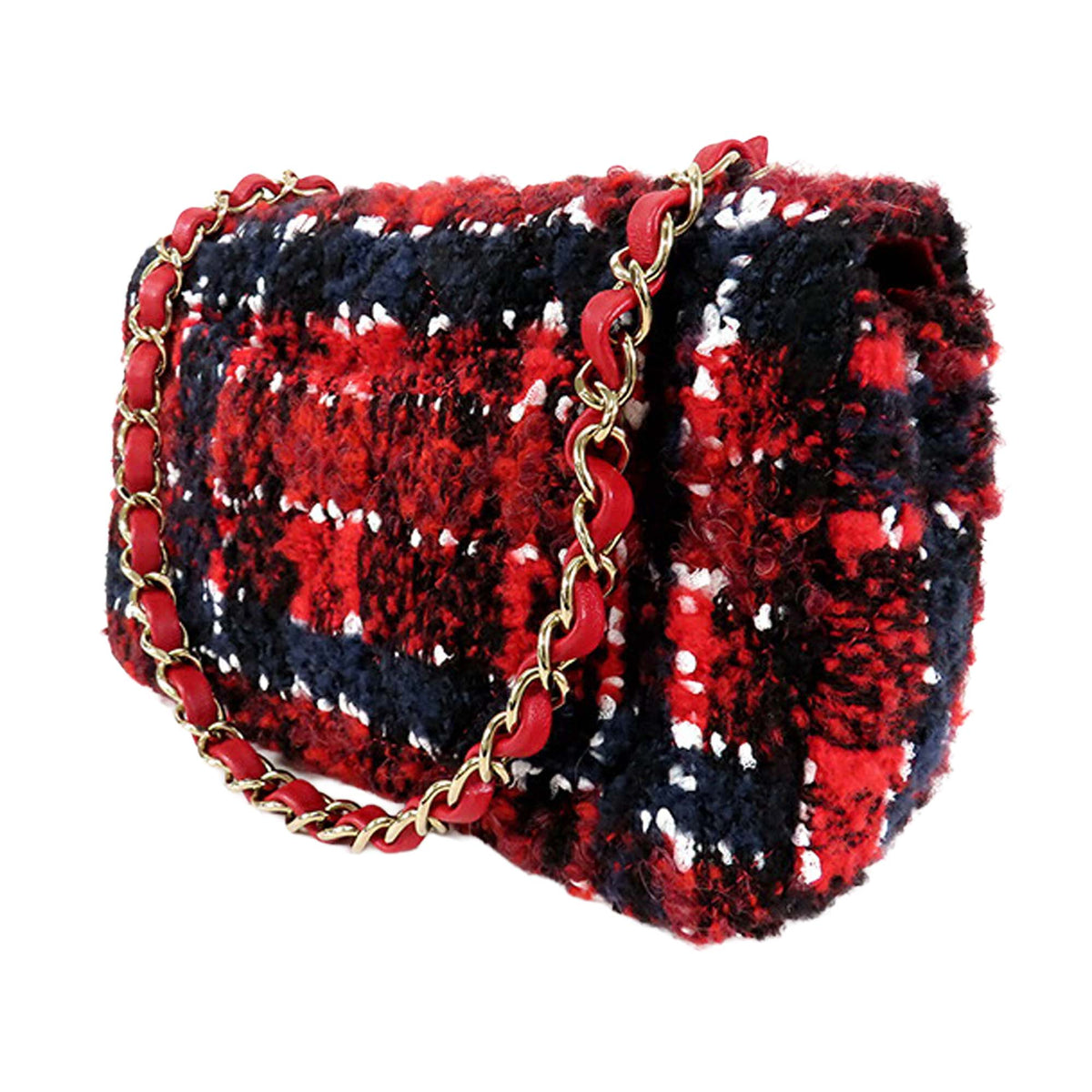 Chanel Mini Rectangular Classic Tweed Plaid Single Flap — Red