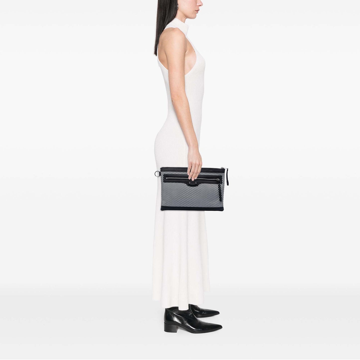 Balenciaga Lambskin and Mesh Motocross Classic Clip M Clutch