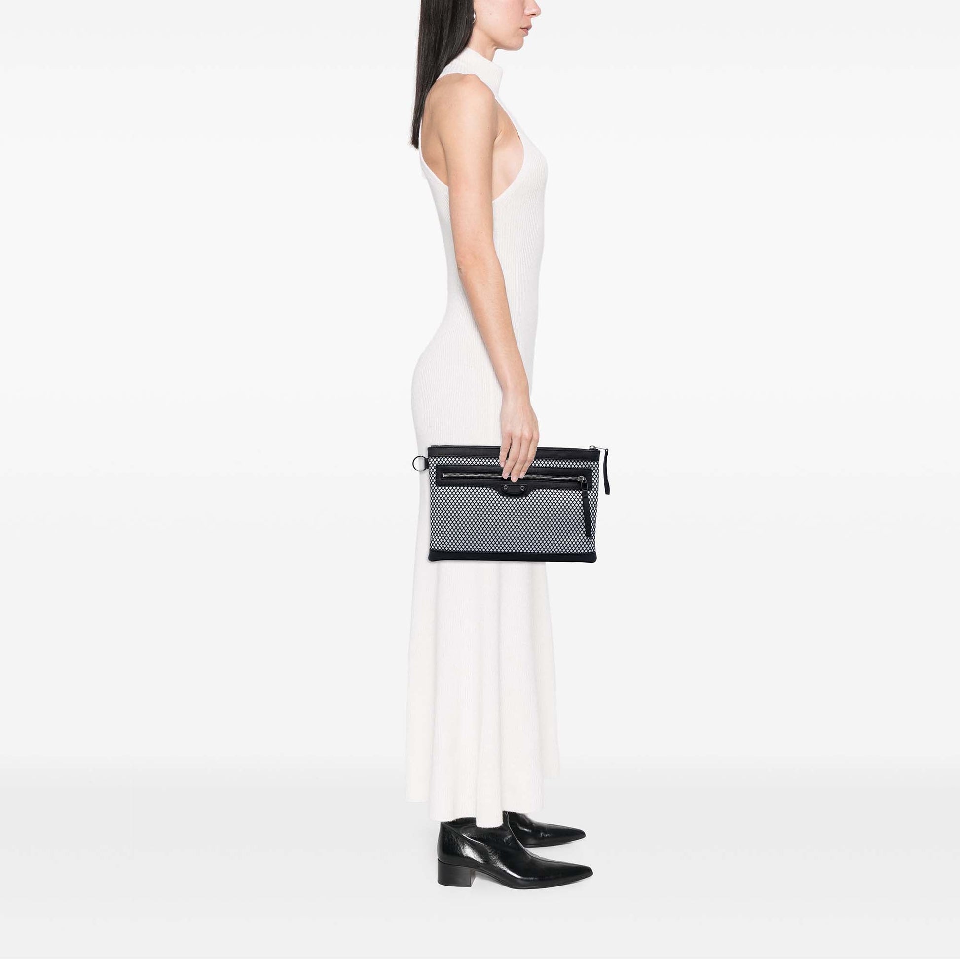 Balenciaga Lambskin and Mesh Motocross Classic Clip M Clutch