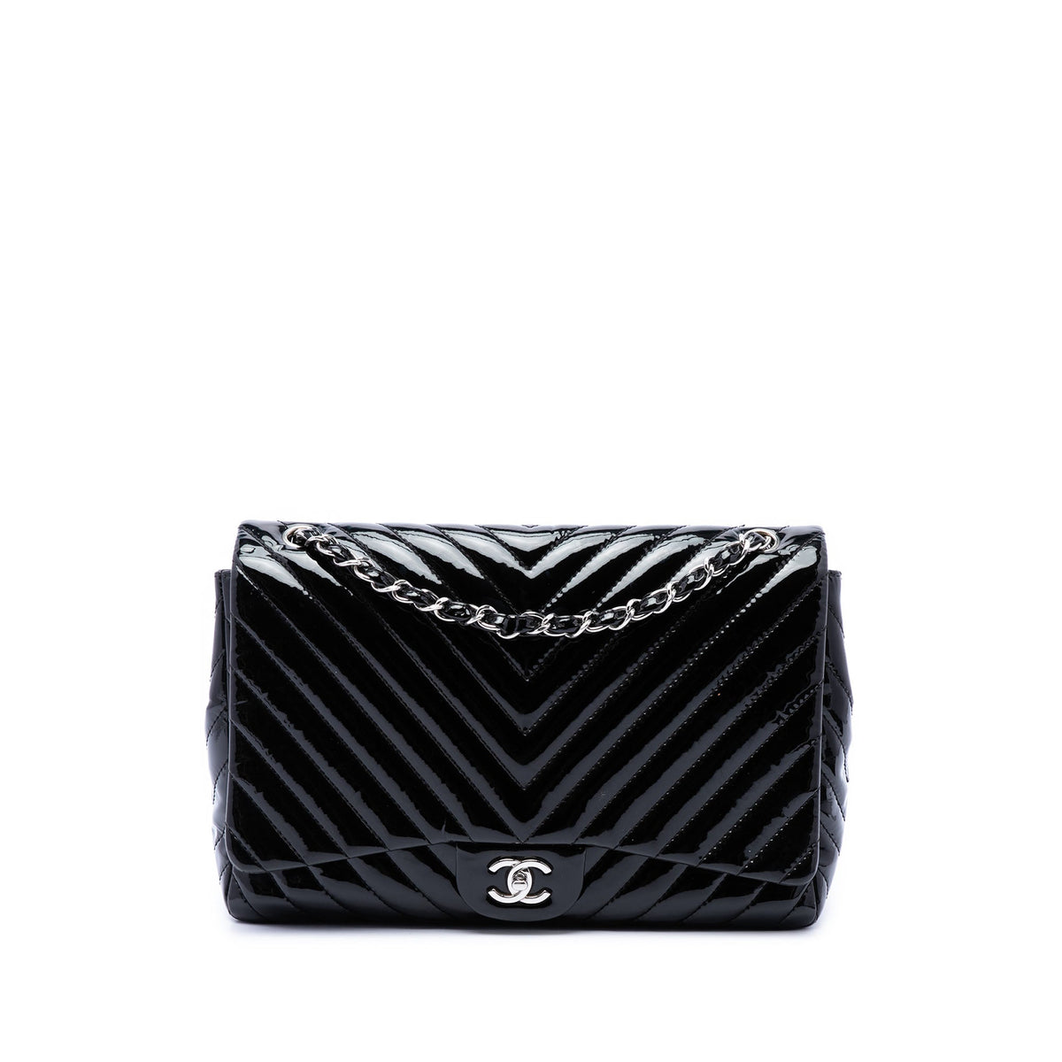 Chanel Jumbo Classic Chevron Patent Double Flap — Black